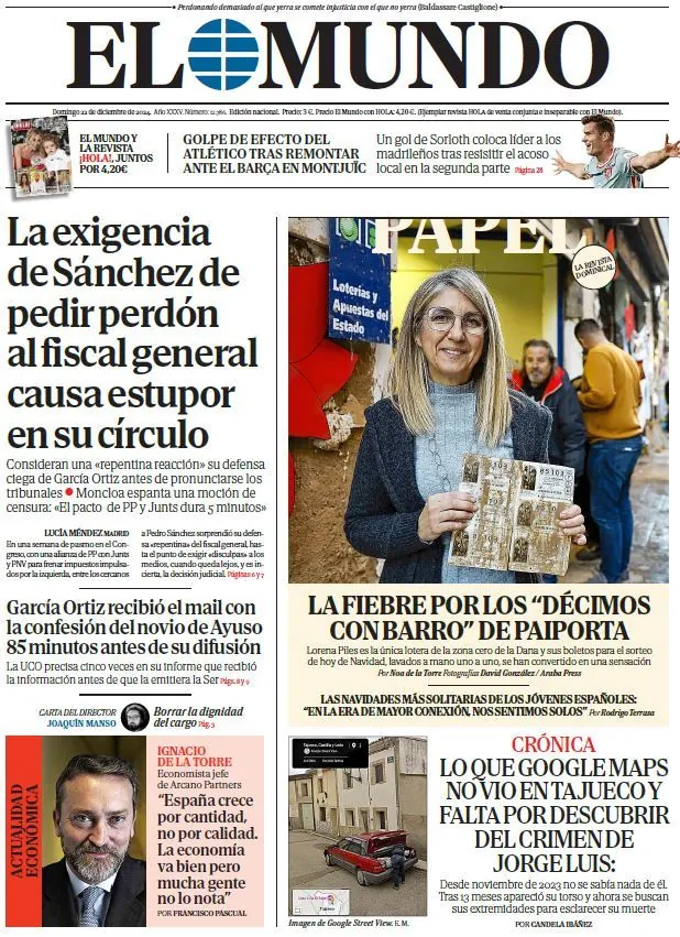 Portada de EL MUNDO del domingo 22 de diciembre de 2024